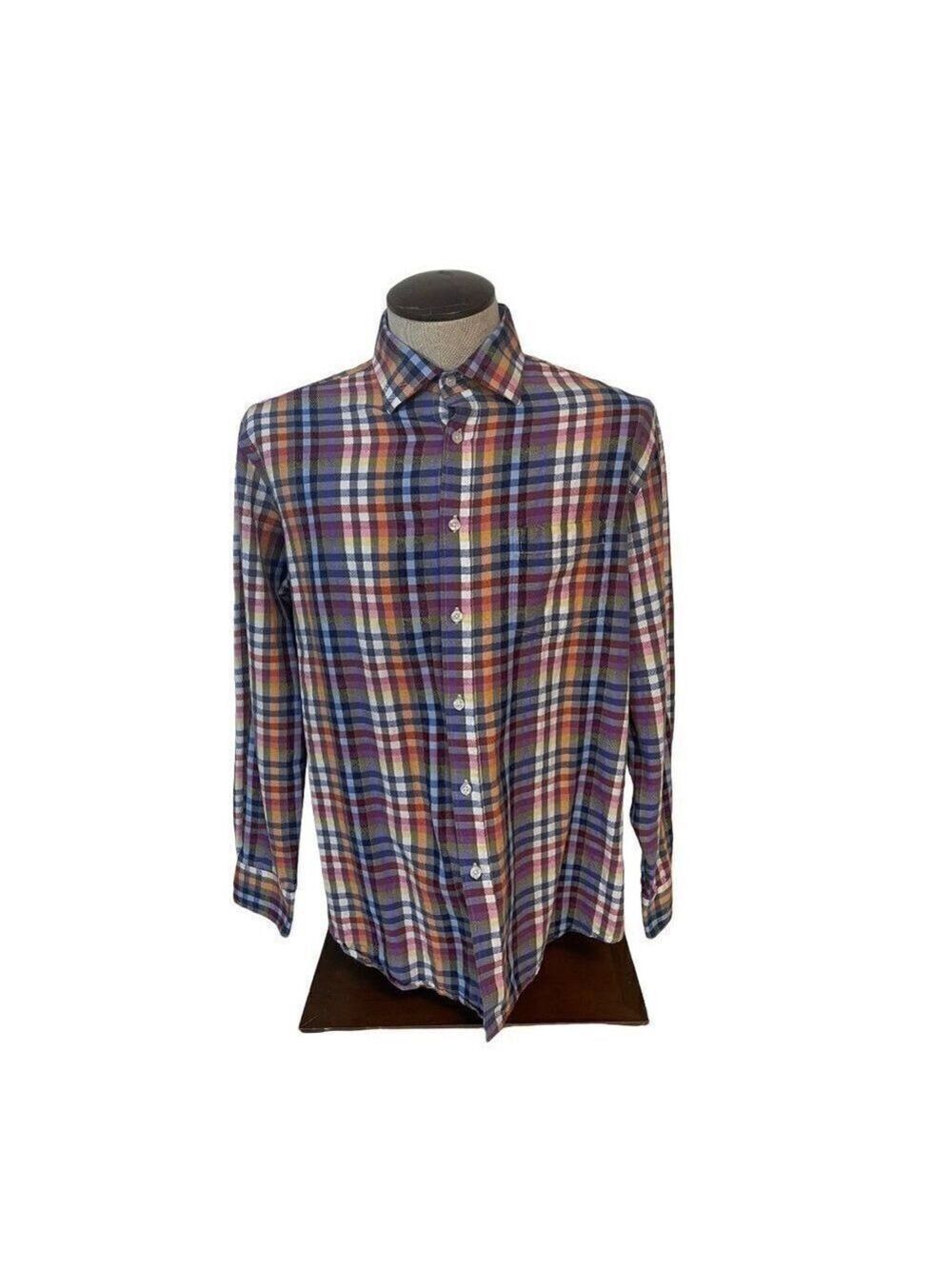 Southern Pines Men's Gray Purple Orange Plaid Cotton Shirt Large